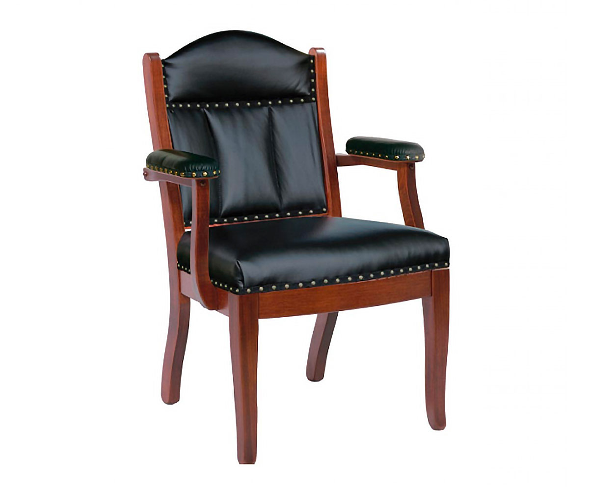 Client Low Back Arm Chair in Red Oak with Washington Stain and L210 Black Leather