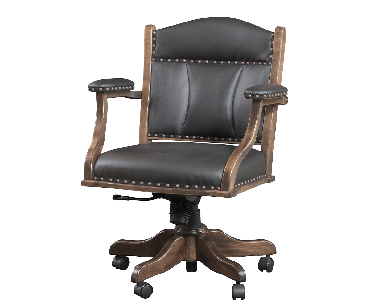 Low Back Arm Desk Chair in Brown Maple with Cocoa Stain and L210 Black Leather