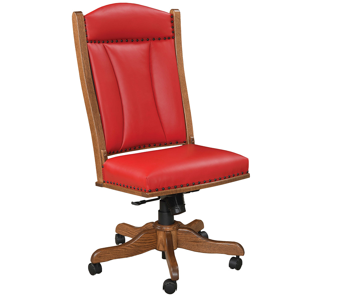 Side Desk Chair in Oak with Medium Stain and L435 Strawberry Leather and Optional Nail Trim