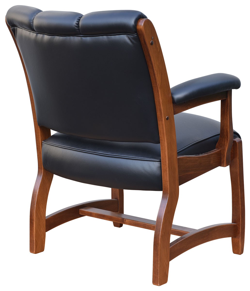 Edelweiss Client Chair Back View in Brown Maple with OCS-113 Michael's Finish and Black Leather. 