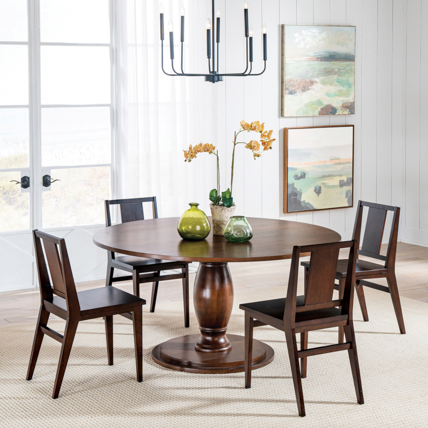 Round Pedestal Dining Table with Summit Modern Side Chairs