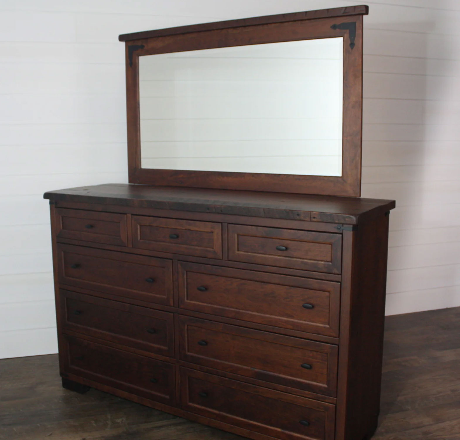 Farmhouse Heritage Tall Dresser and Mirror in Rustic Cherry with Reclaimed Top