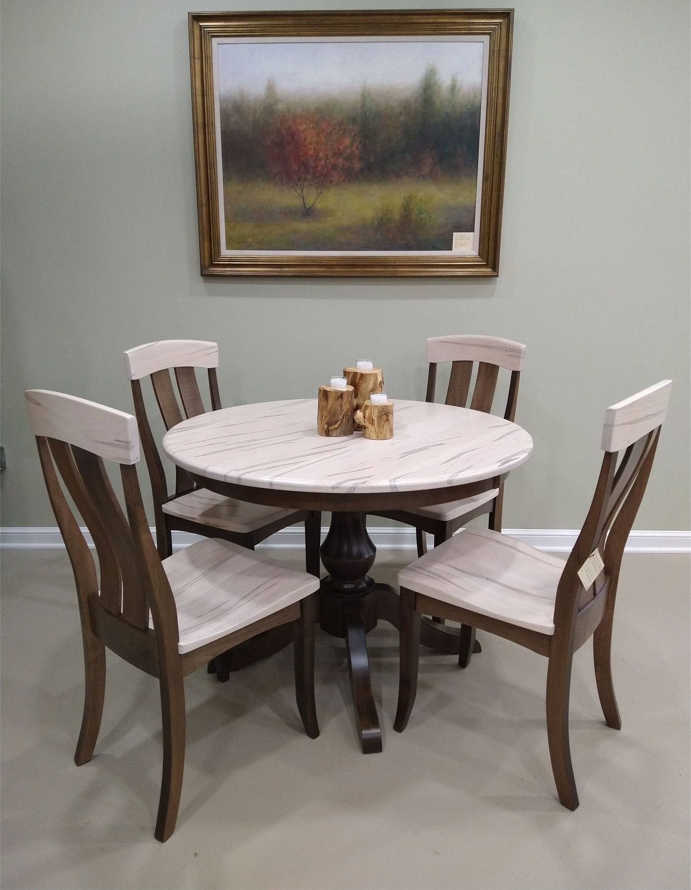 Denver 42 inch Single Pedestal Table with (4) Small Portland Side Chairs with Two Tone Finish