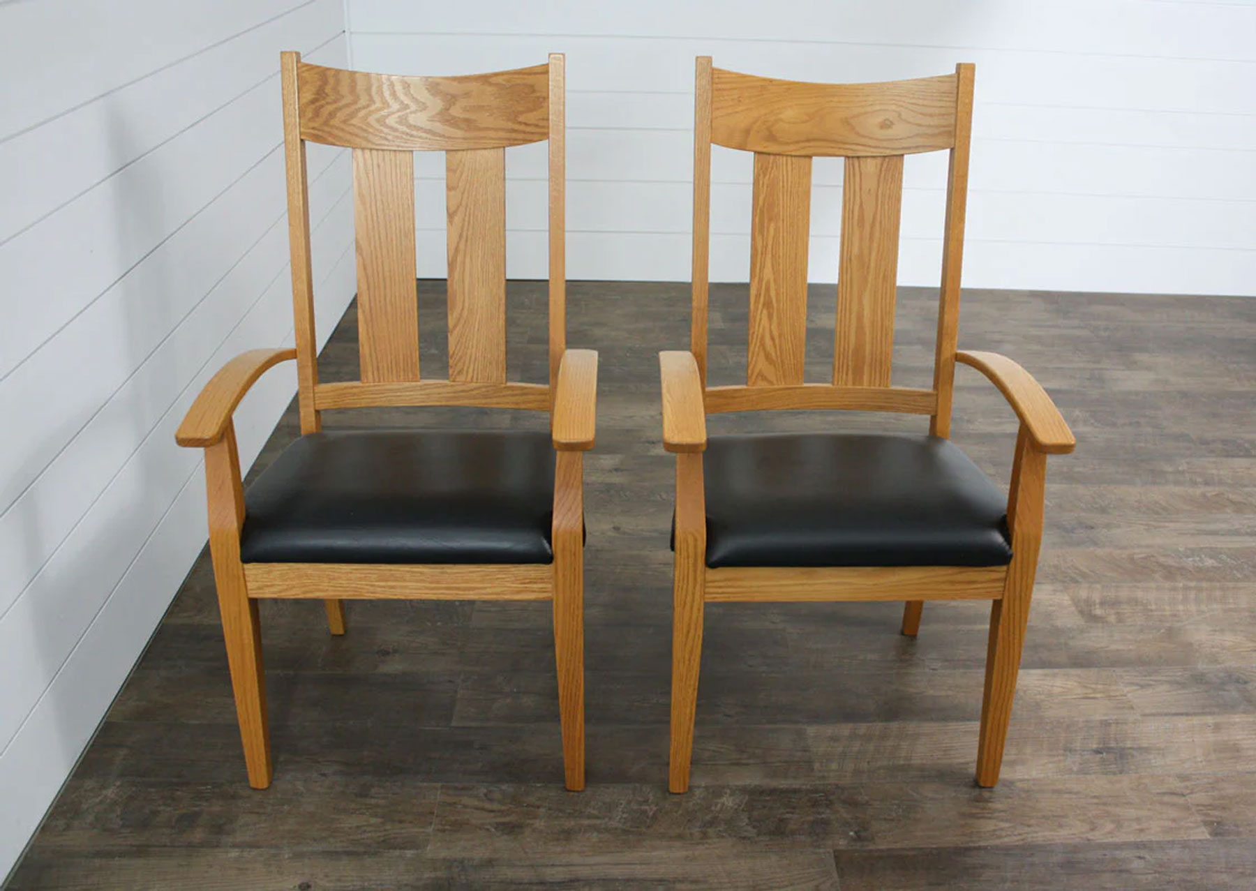 (2) Lilac Arm Chairs with Leather Seat in Red Oak