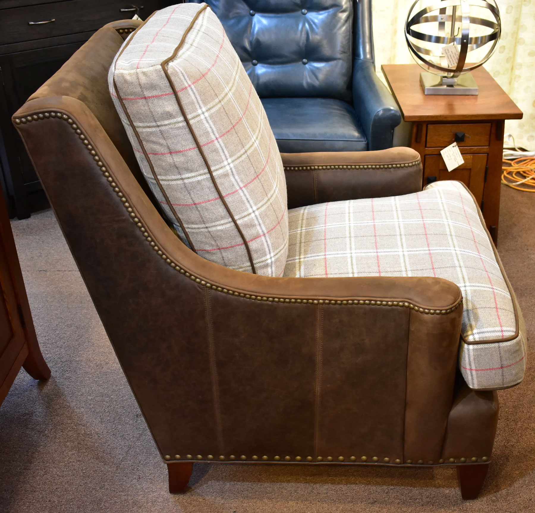 Our House 550 Lounge Chair in Aged Cigar Leather with Cushions in Novelty Fabric