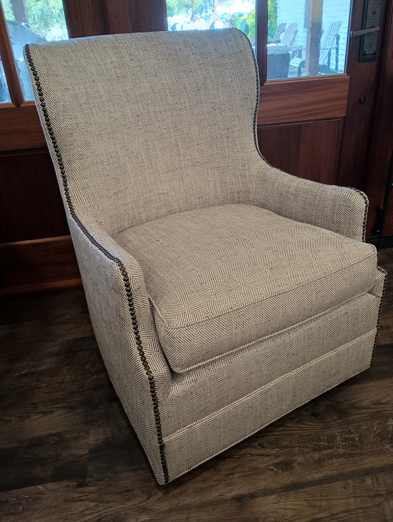 Boyd Swivel Glider by Wesley Hall in Belfast Cocoa Fabric