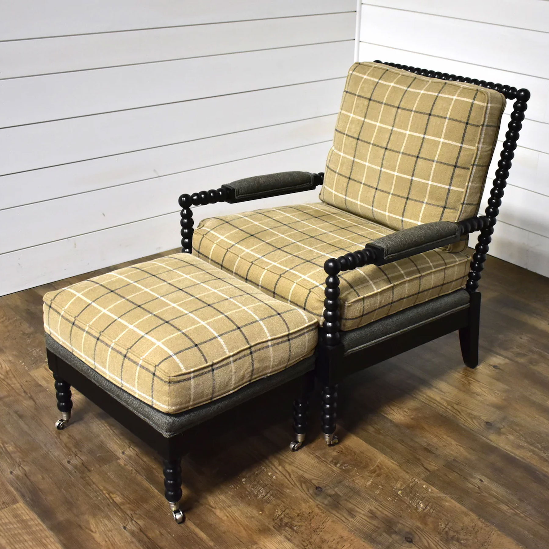Wesley Hall 746 Marshall Chair and Ottoman in Debonair Linen and Notion Coal Fabric