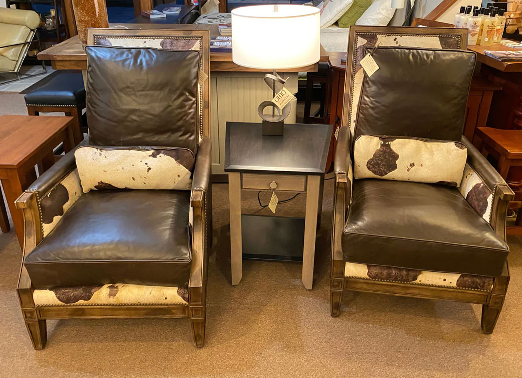 (2) Our House 882 San Baranto Tall Back Chairs in Java Love Leather with Novelty Fabric