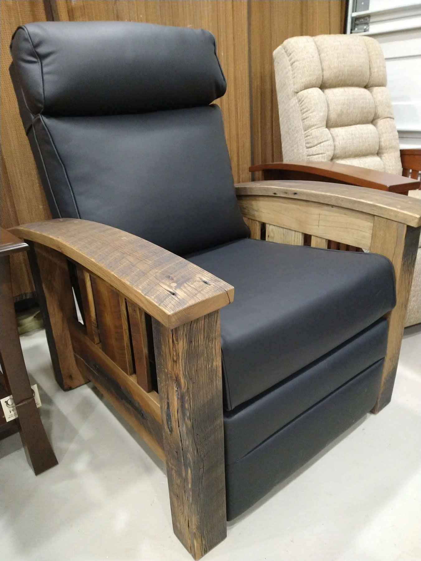 Tiverton Recliner in F118Q Raven Faux Leather and Rough Sawn Oak