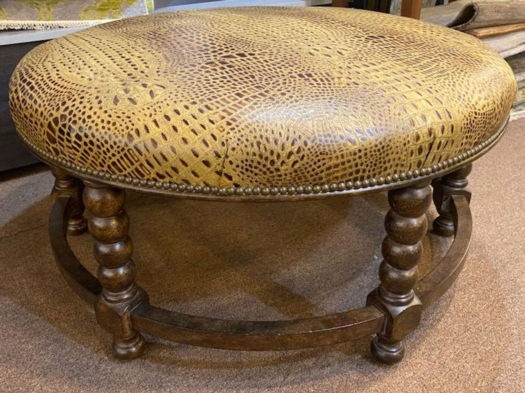 Leathercraft 891-O Cardiff Round Wood Bench in Golden Croc Leather