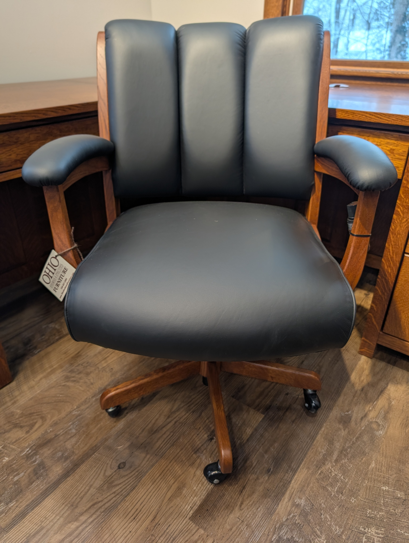 Edelweiss Desk Arm Chair in Quartersawn White Oak and Black Leather