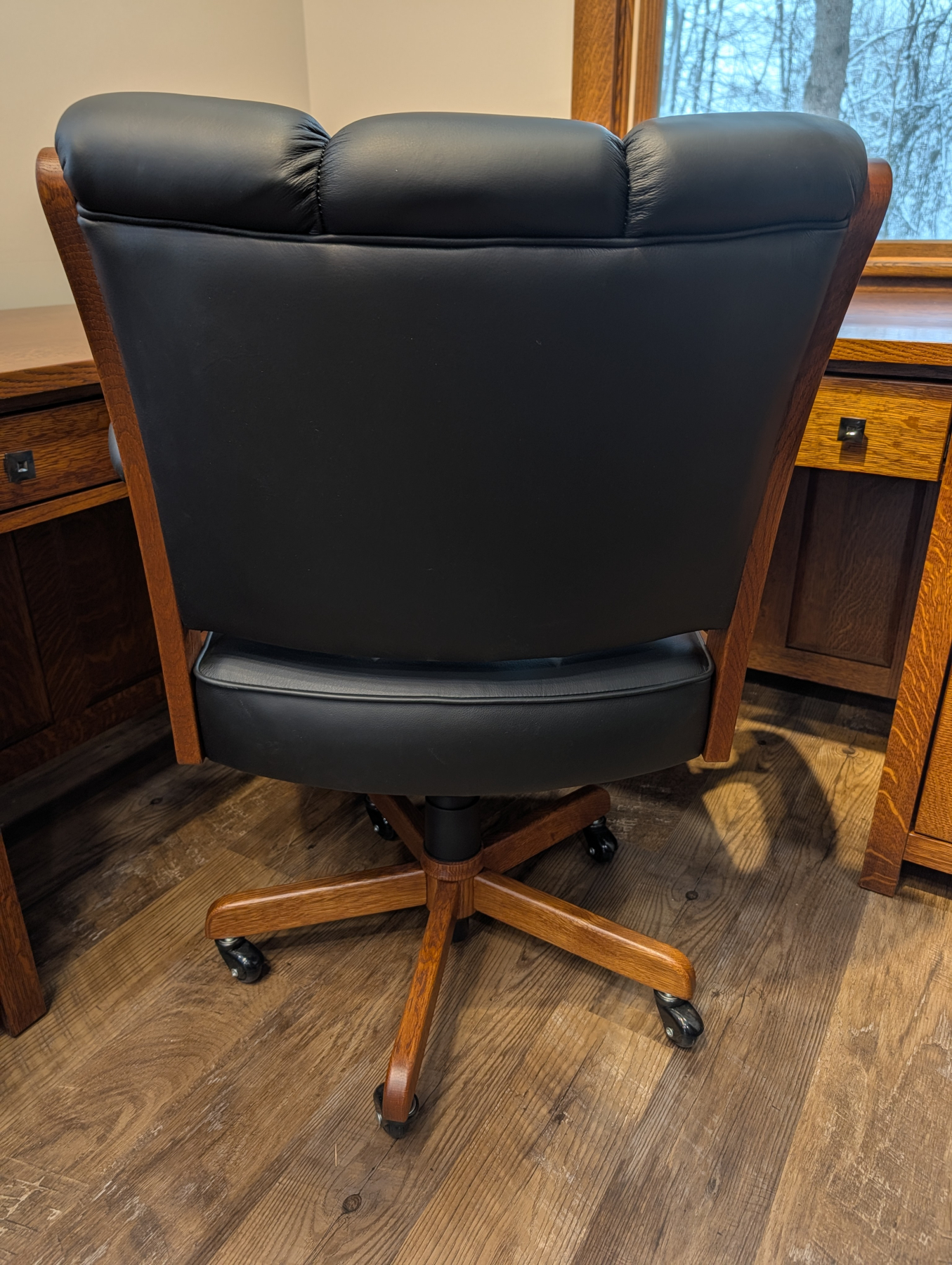 Edelweiss Desk Arm Chair in Quartersawn White Oak and Black Leather