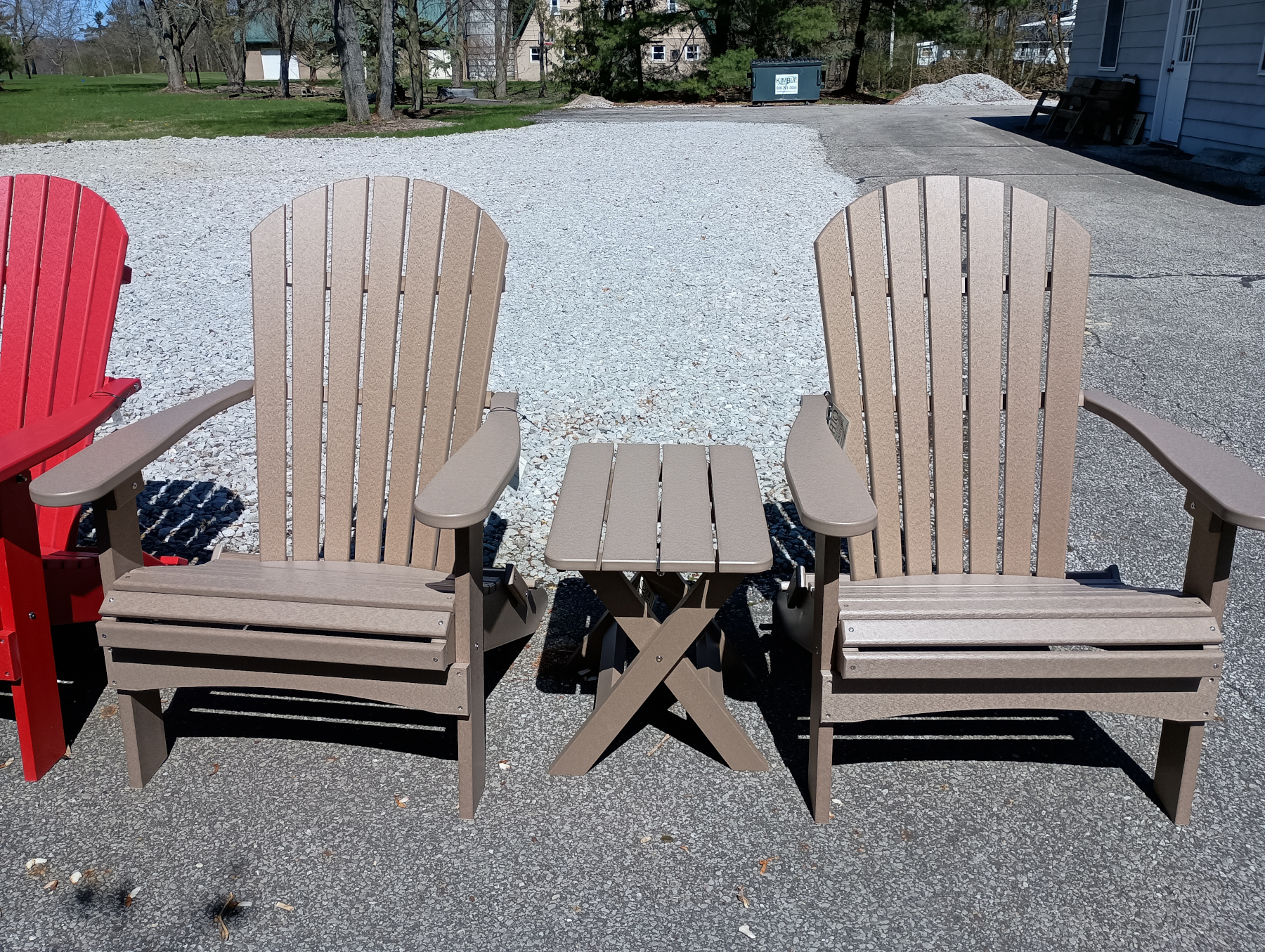 (2) Comfo-Back Folding Adirondacks and (1) Poly Folding End Table in Weatherwood