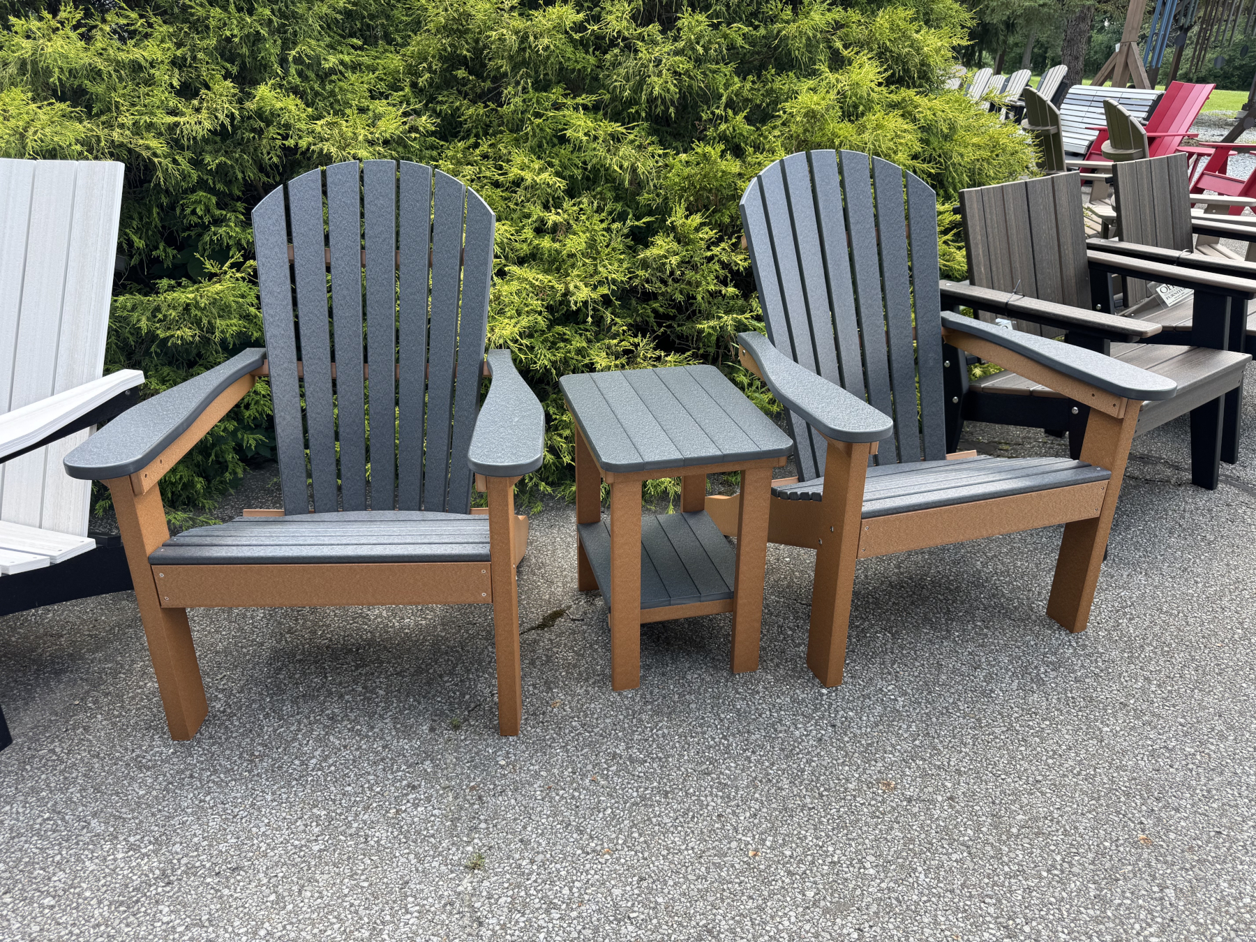 (2) Comfo-Back Adirondacks and (1) Rectangle End Table in Smoke Gray on Cedar