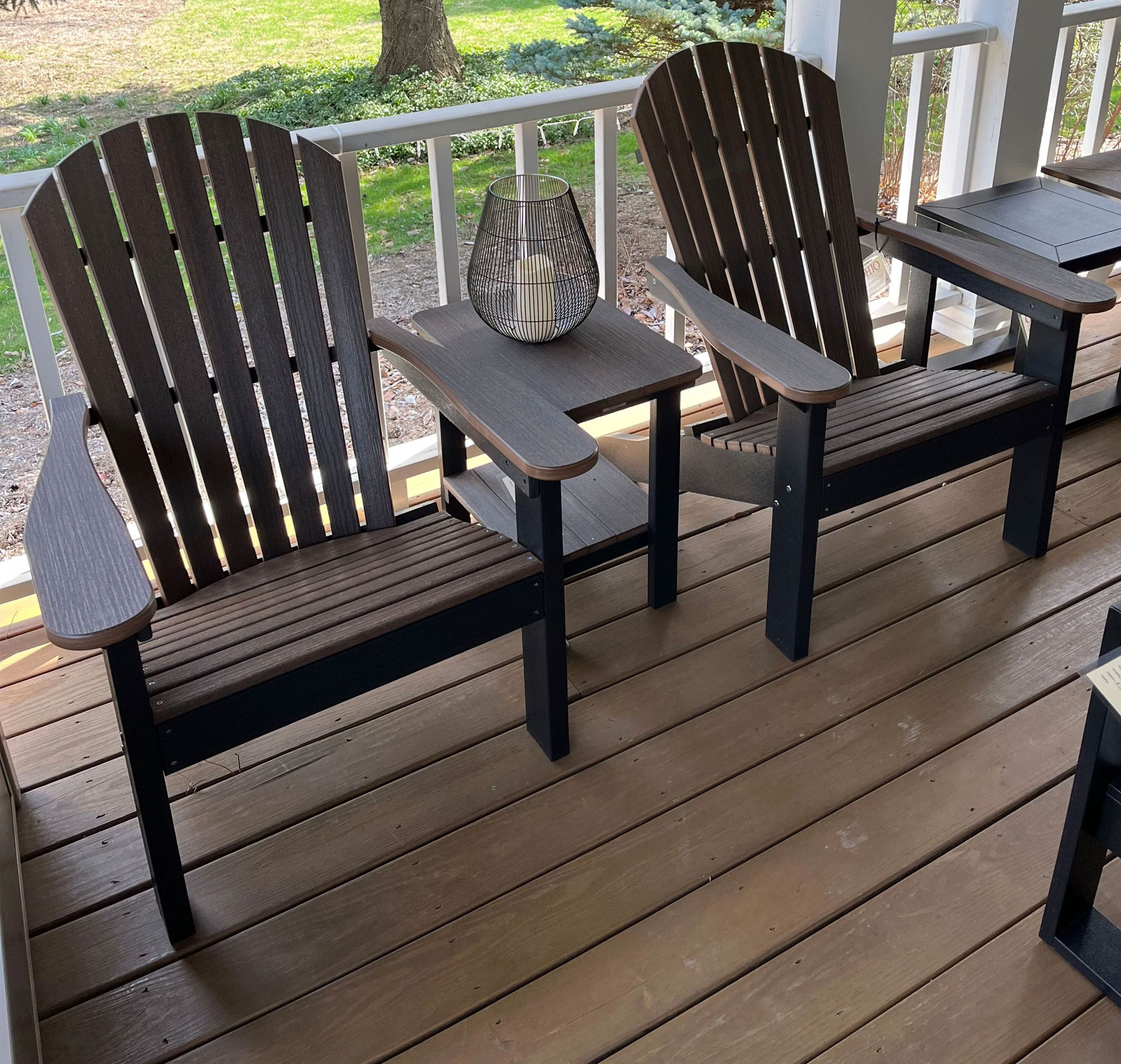 (2) Comfo-Back Adirondacks and (1) Rectangle End Table in Brazilian Walnut on Black