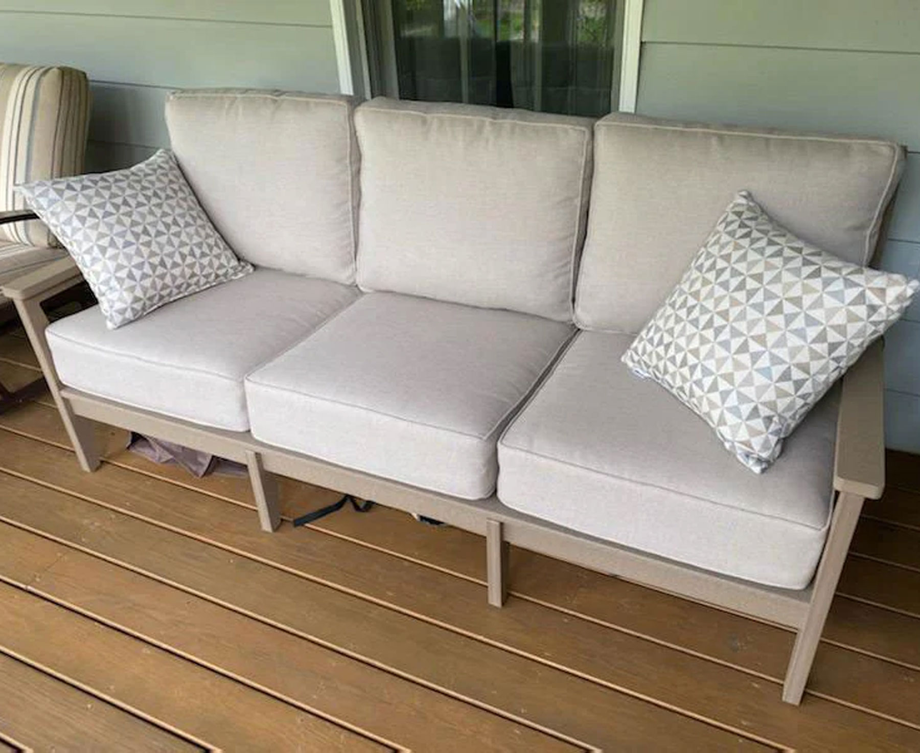 Mayhew Sofa in Weatherwood with Essential Sand Sunbrella Fabric Cushions