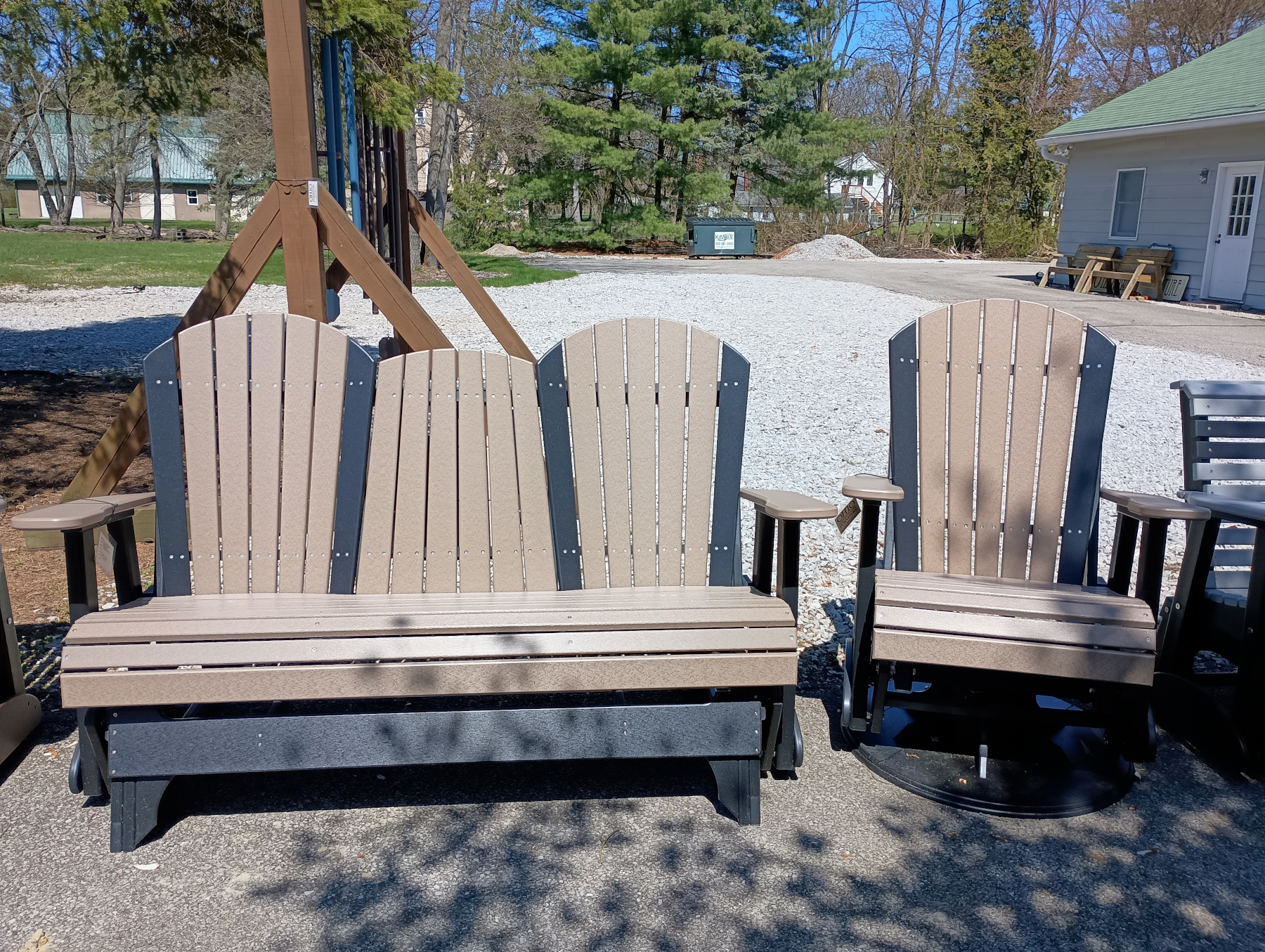 (1) 5' Adirondack Glider and (1) 2' Adirondack Swivel Glider in Weatherwood on Black