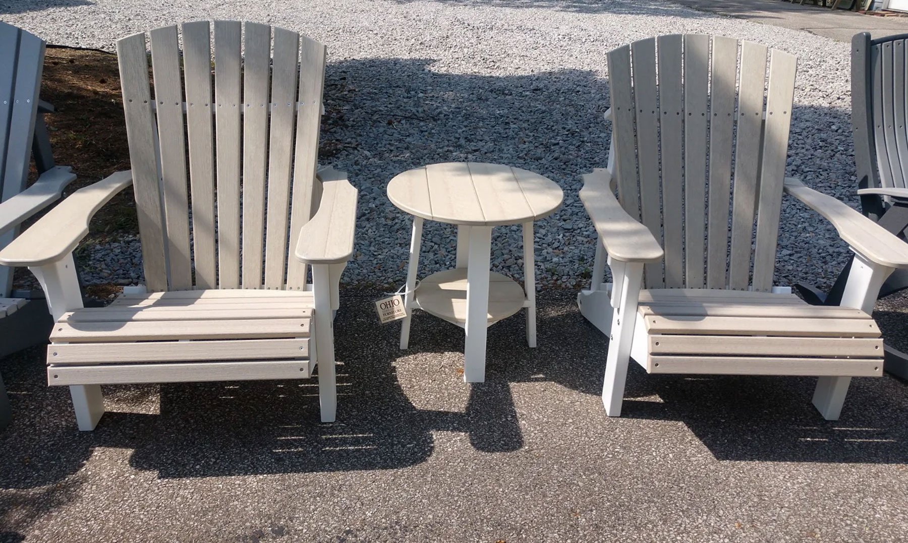 (2) Deluxe Adirondack Chairs and (1) Poly Deluxe End Table in Birch on White