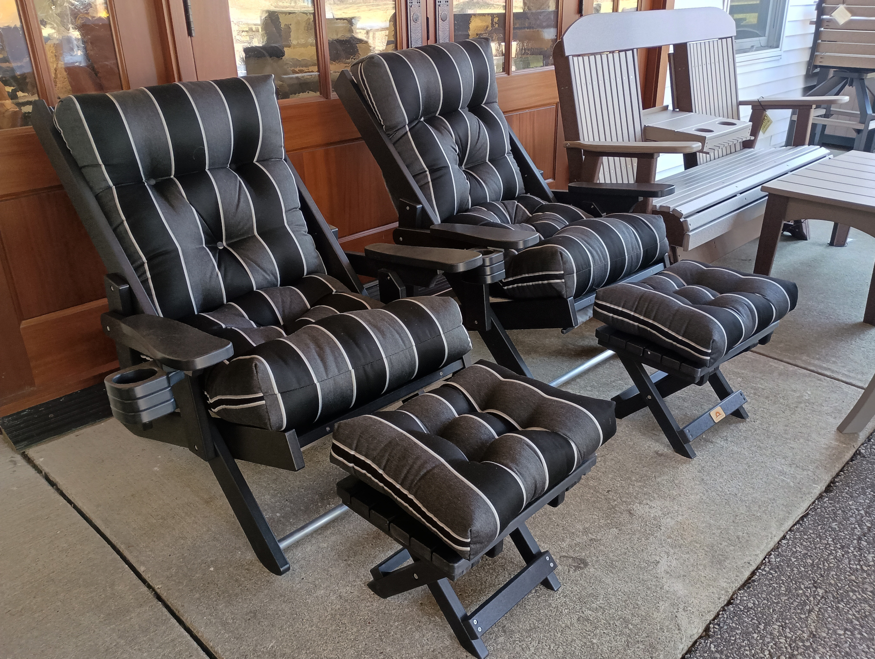 (2) Poly Siesta High Back Folding Chairs and (2) Freestanding Footrest
