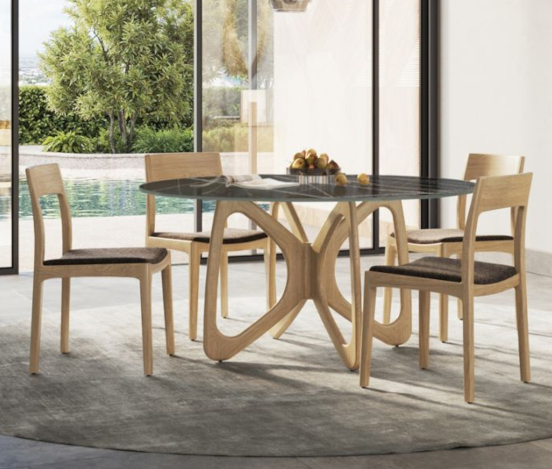Copeland Butterfly Round Sintered Stone Table in Natural Oak with Sahara Noir Top