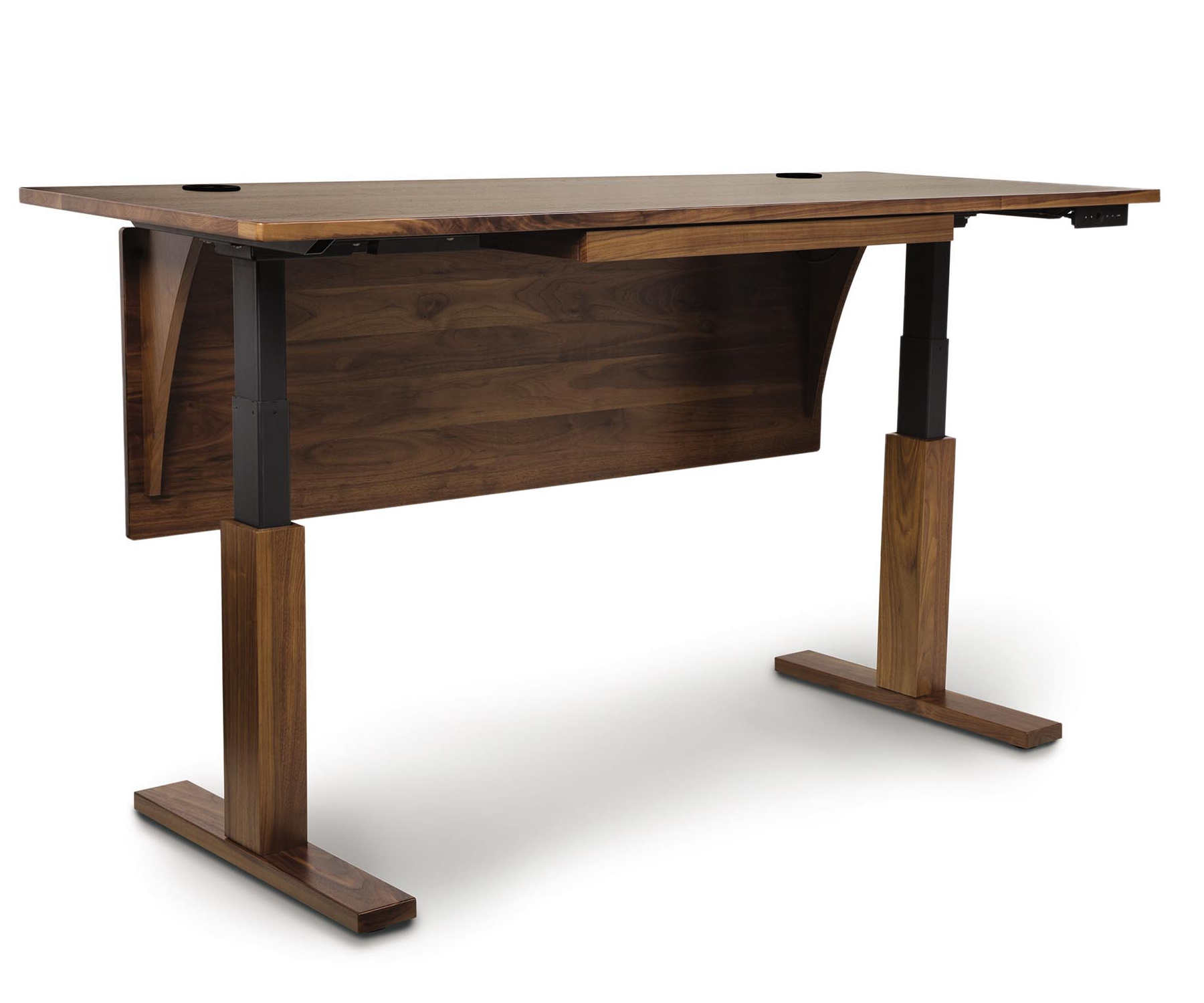 Invigo Desk in Walnut with Optional Modesty Panel in Standing Position