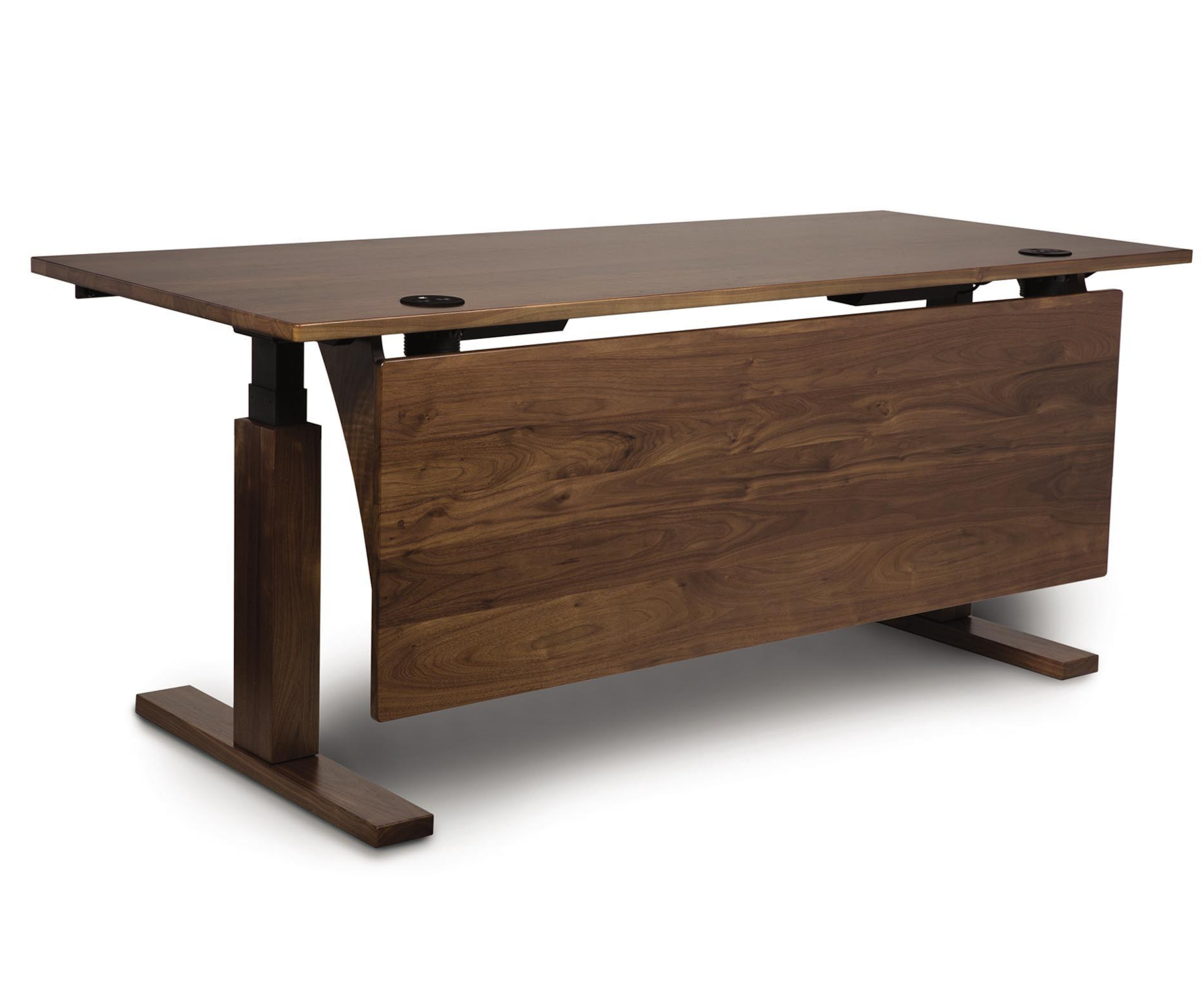 Invigo Desk in Walnut with Optional Modesty Panel in Sitting Position
