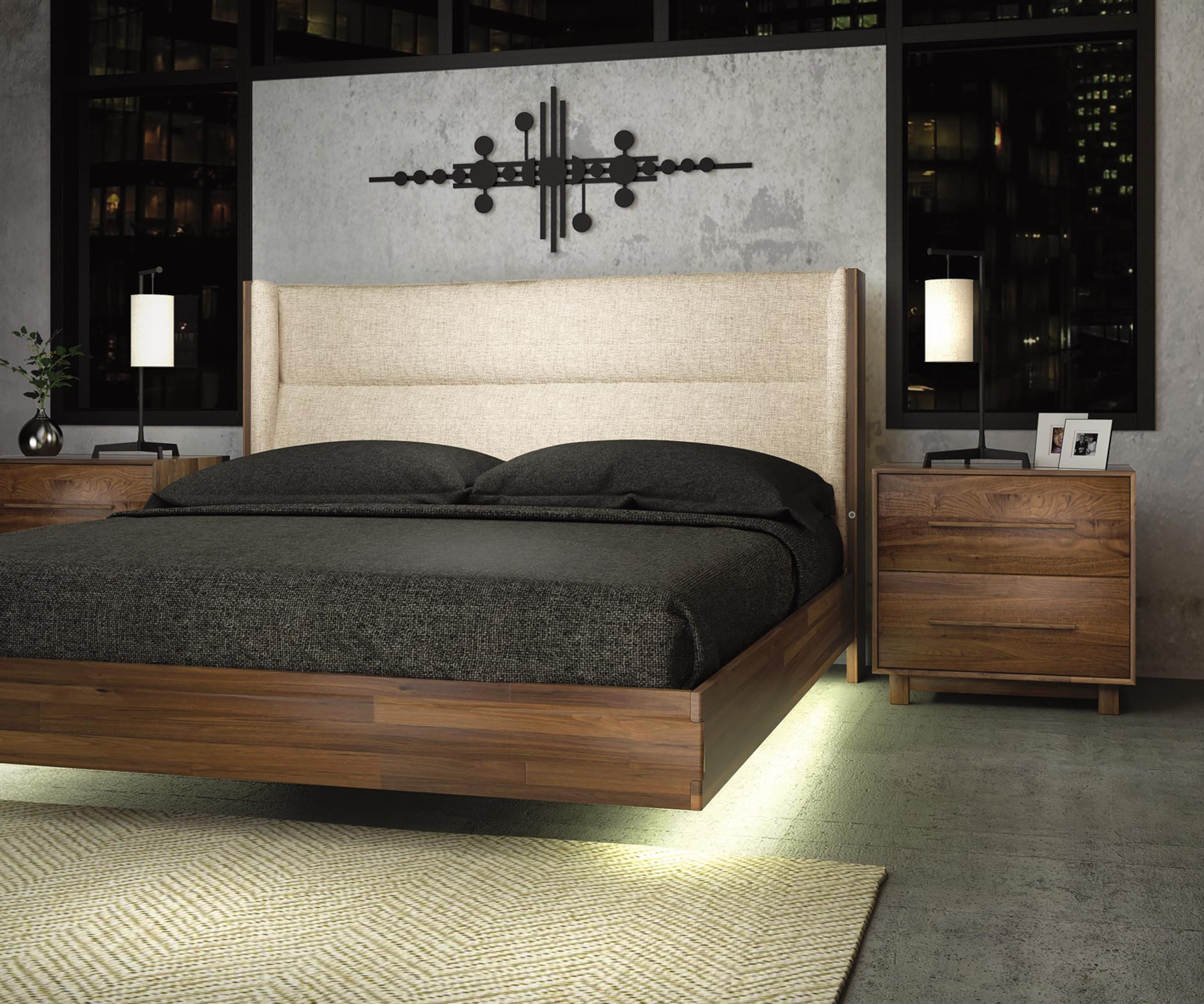 Sloane Floating Bed and Nightstands in Walnut