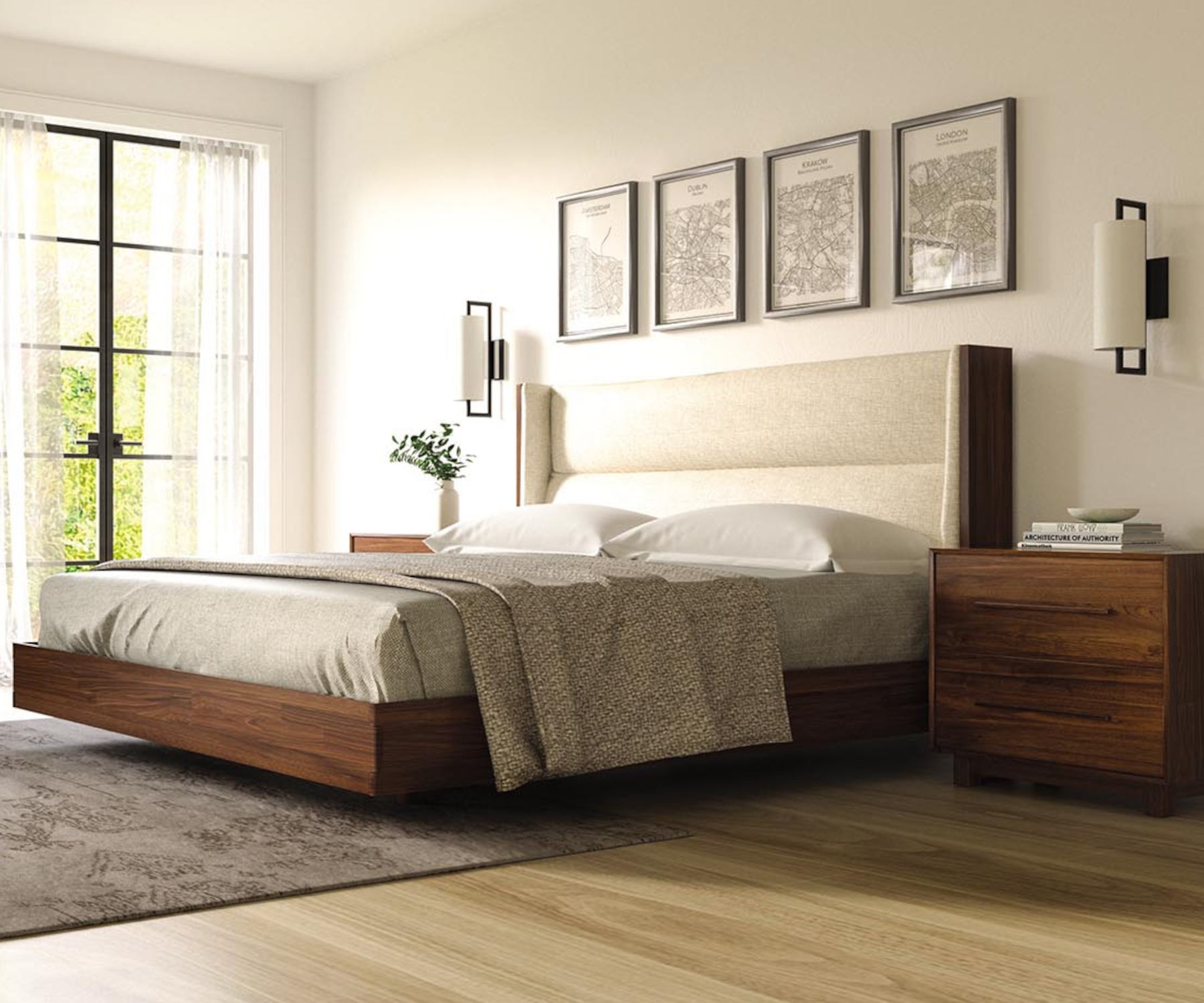 Sloane Floating Bed and Nightstands in Walnut