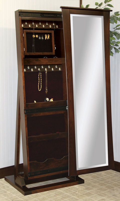 Sliding mirror top jewelry cabinet
