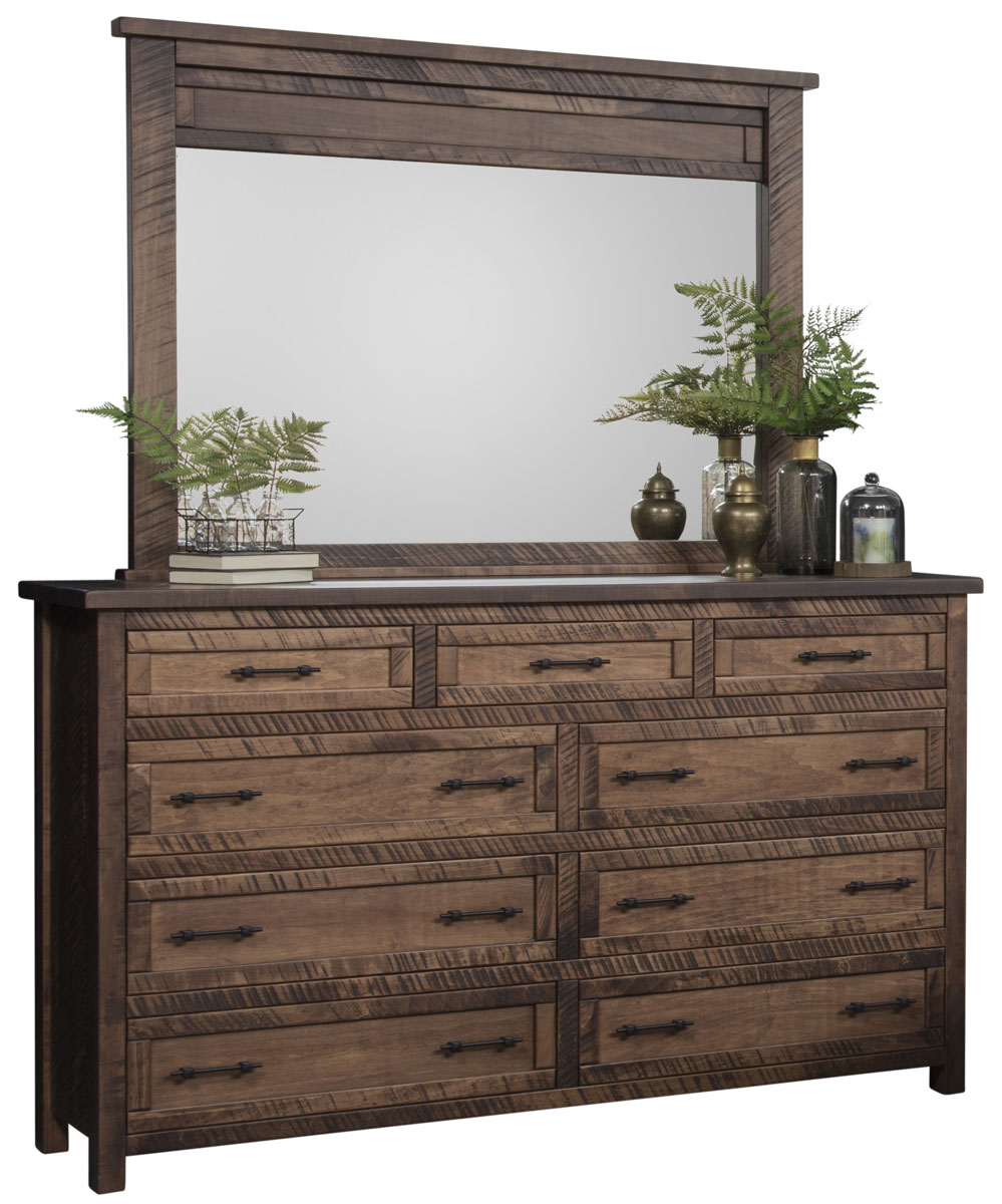 Denali Tall Dresser and 3150 Mirror shown in Brown Maple (circular sawn) with FC-42000 Almond Finish and K558-BL Hardware