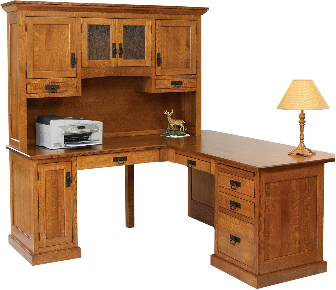 Homestead Series Corner Desk and Hutch.  (Sold Separately) Shown with Raised Panel Back and 8" Overhang