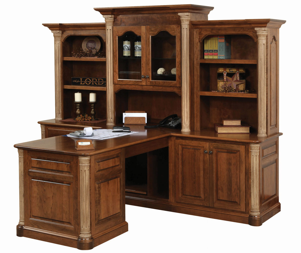 Jefferson Series Partner's Desk and Three Piece Hutch (Sold Separately) shown Cherry with FC 9090 Chocolate Spice Stain  and Optional Stone Finish Columns.