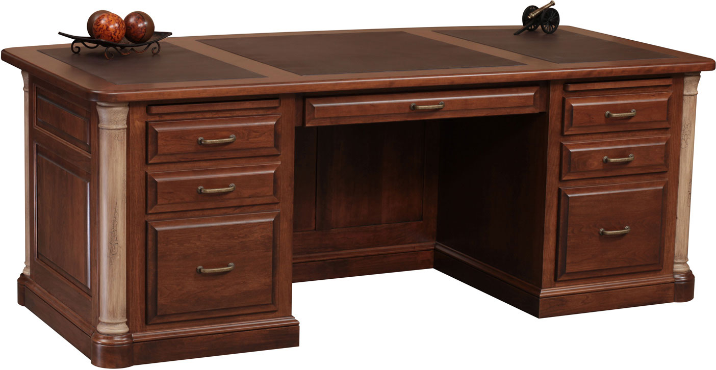 Jefferson Premier Series Executive Desk  sshown Cherry with FC 9090 Chocolate Spice Stain and Optional Stone Finish Columns without Flutes. Also Shown with Optional 3 Pc. Leather Top (1.25"Thick)