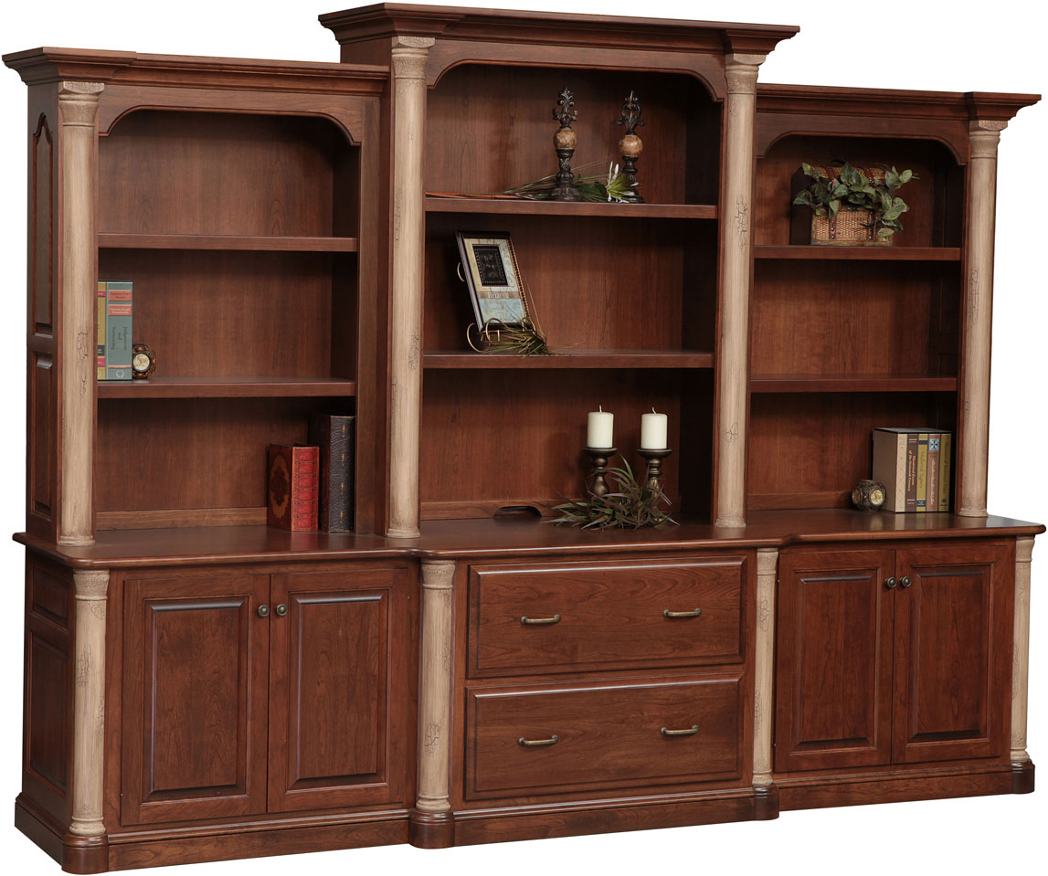 Jefferson Premier Series 113 inch and Three Piece Hutch (Sold Separately) shown Cherry with FC 9090 Chocolate Spice Stain  and Optional Stone Finish Columns.