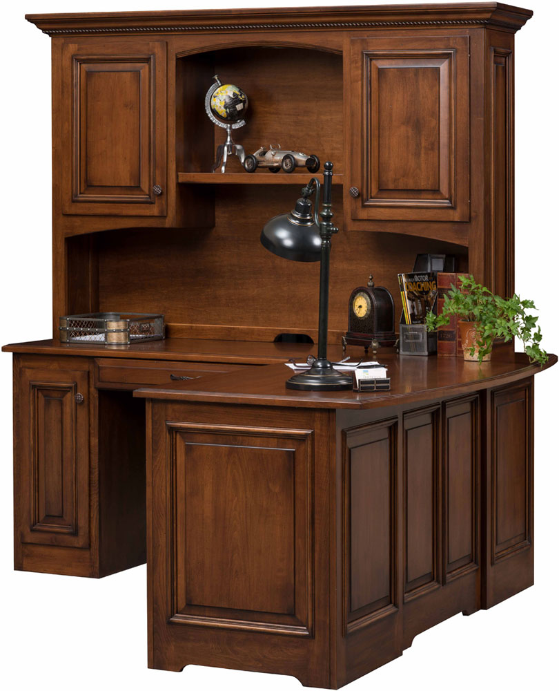 Liberty Series Corner Desk and Hutch  (Sold Separately)  shown in Cherry with OCS Boston Stain. Shown with Raised Panel Back and 8" Overhang.