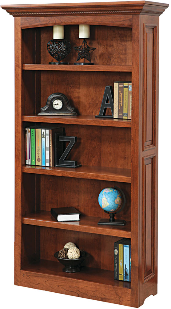 Liberty Series Bookcase shown in Cherry with OCS Rich Cherry Stain. Shown with Optional Pencil Drawer in Knee Area.