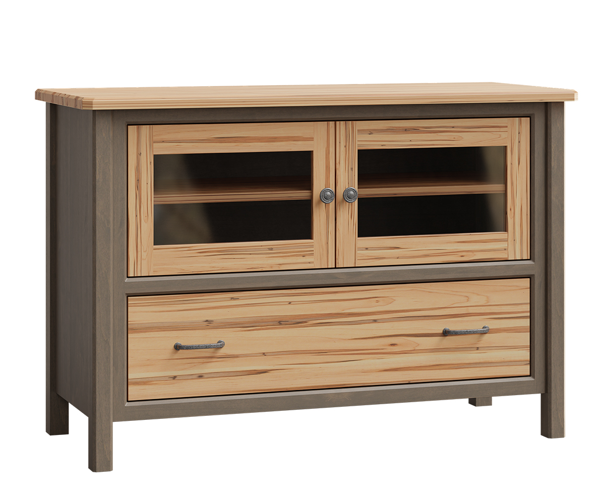 Cornwell Medium TV Stand Shown in Brown Maple with Driftwood and Wormy Maple with Natural Finish 
