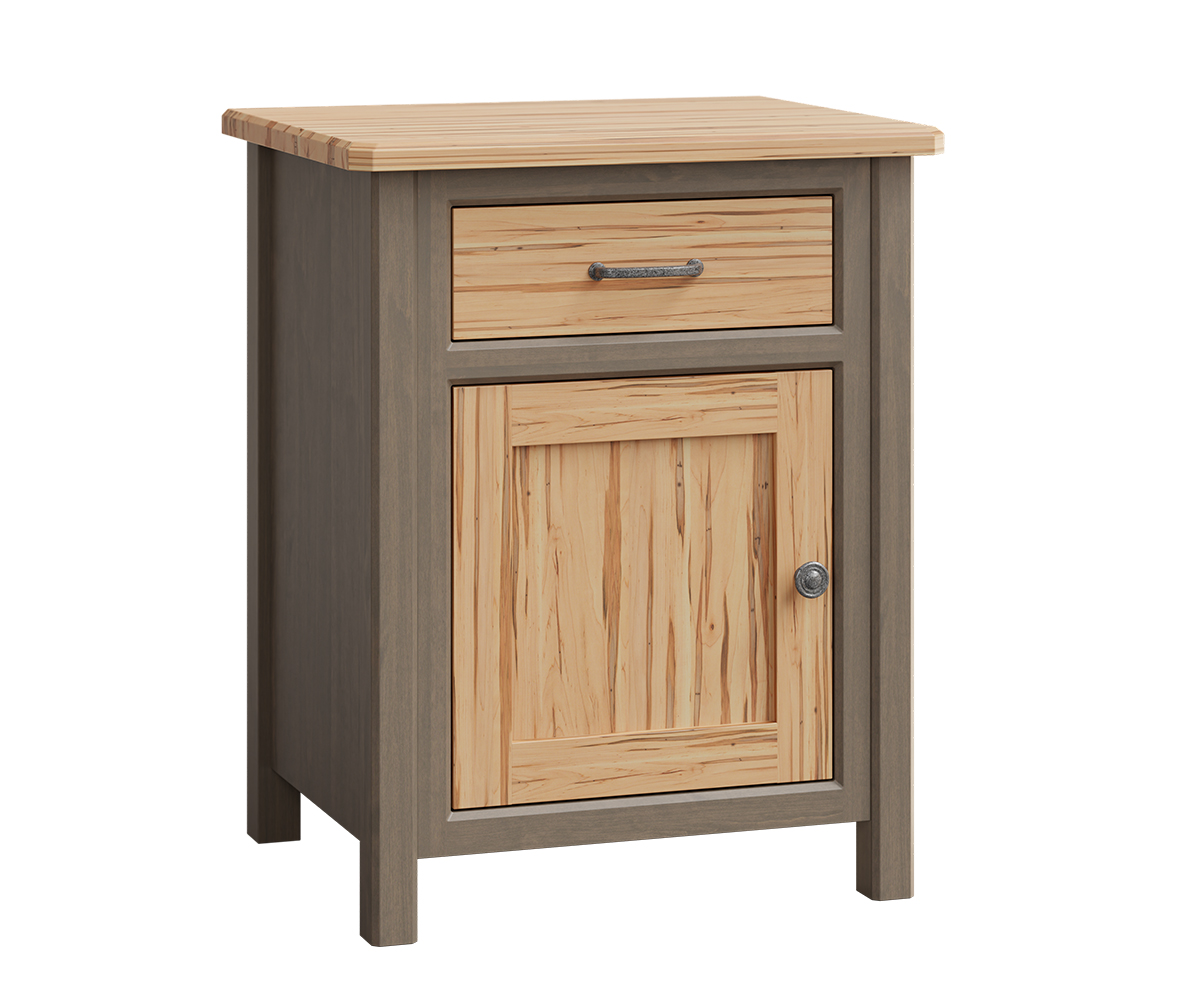Cornwell 1-Drawer 1-Door Nightstand Shown in Brown Maple with Driftwood and Wormy Maple with Natural Finish 