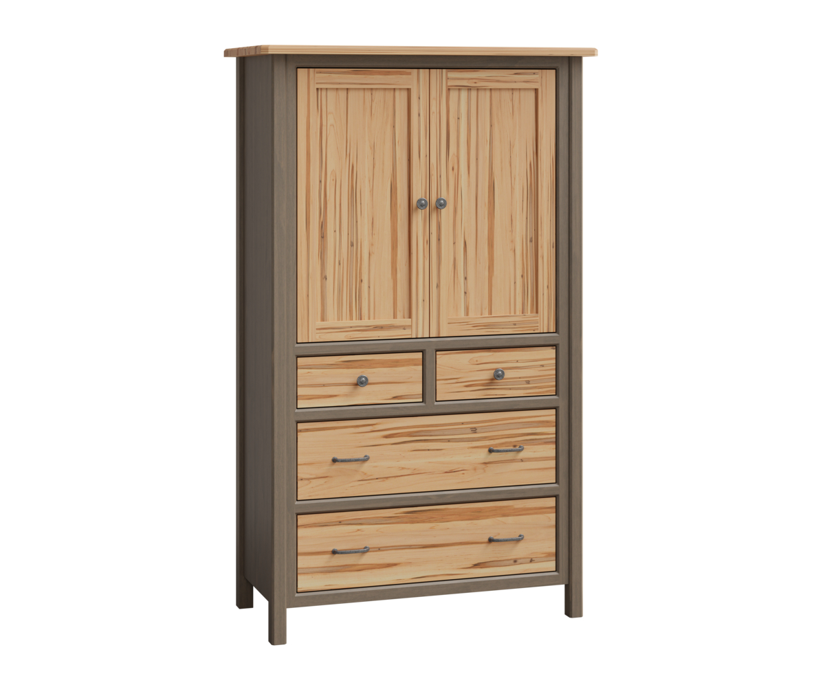 Cornwell Armoire Shown in Brown Maple with Driftwood and Wormy Maple with Natural Finish 