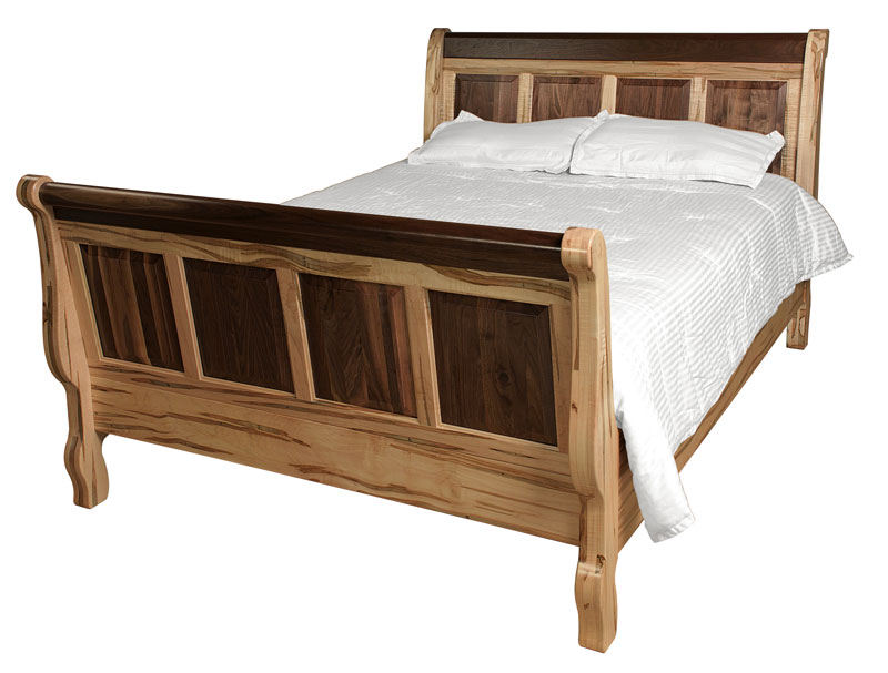 Cornwell Sleigh Bed with Standard Footboard in Wormy Brown Maple and Character Walnut with a Natural Finish 