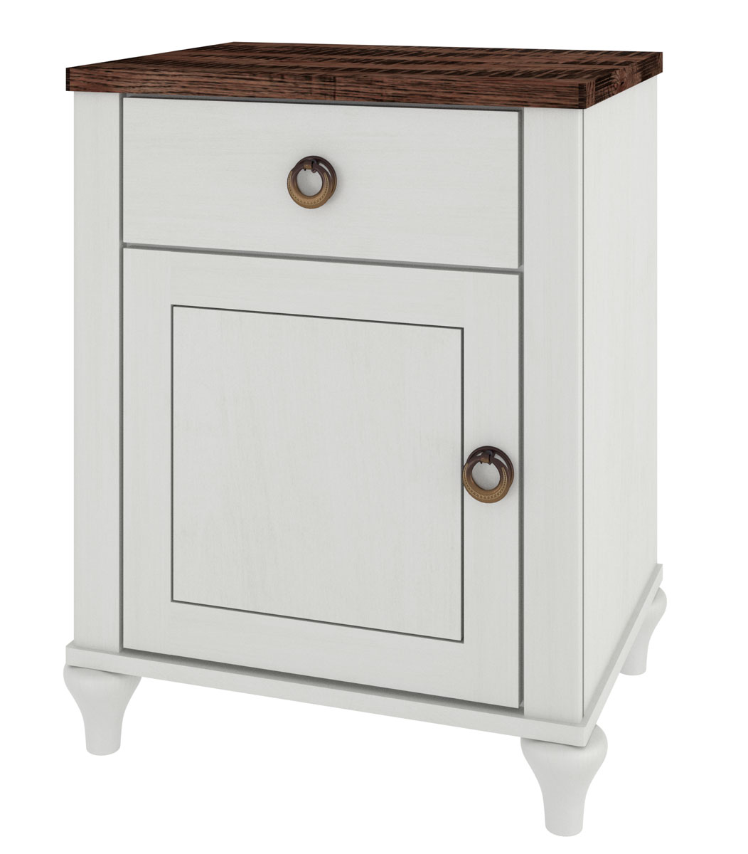 Alcan One Drawer One Door Nightstand in Brown Maple painted with OCS-342 Country White. Rough Sawn White Oak Top with FC-10944 Tavern Stain.