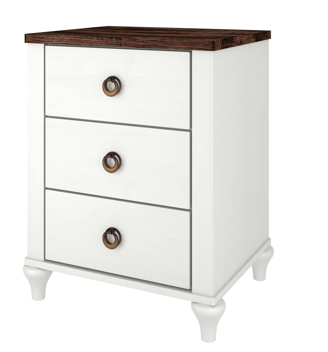 Alcan Three Drawer Nightstand in Brown Maple painted with OCS-342 Country White. Rough Sawn White Oak Top with FC-10944 Tavern Stain.