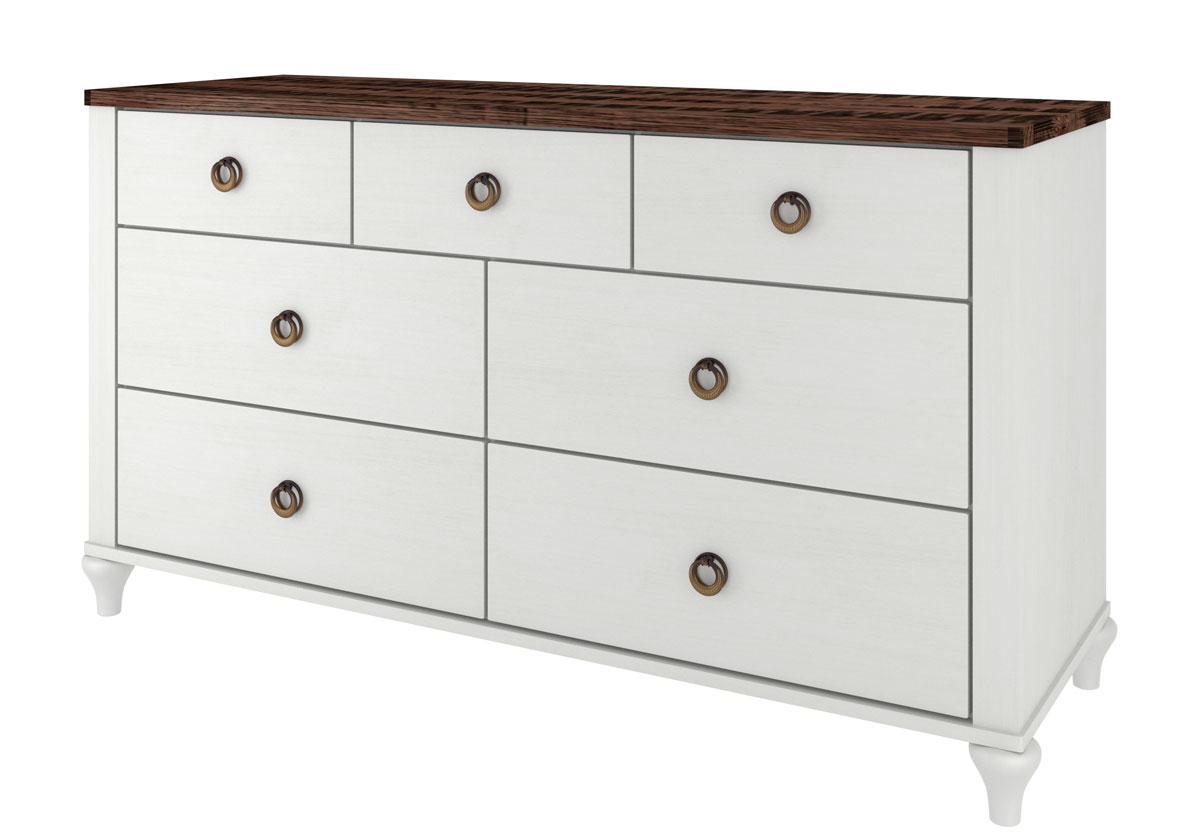 Alcan 7 Drawer  Low Dresser in Brown Maple painted with OCS-342 Country White. Rough Sawn White Oak Top with FC-10944 Tavern Stain.