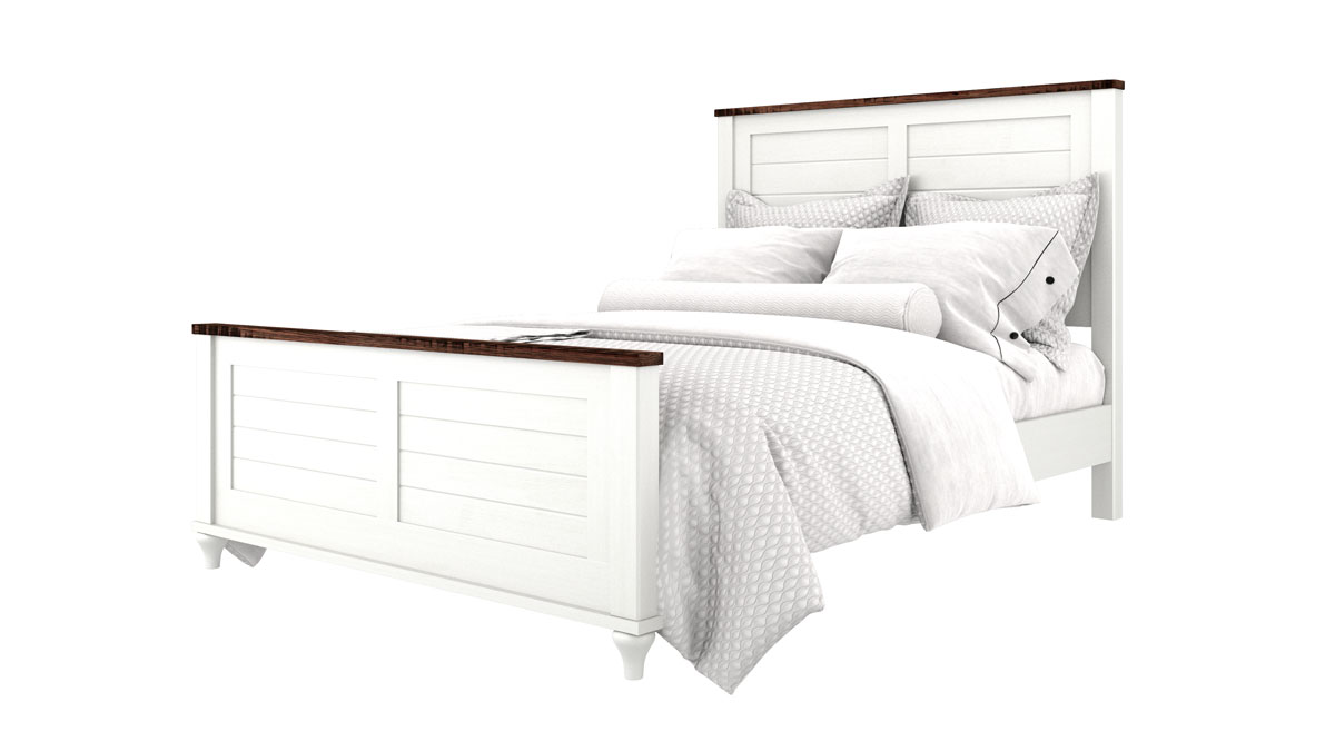 Alcan Panel Bed in Brown Maple painted with OCS-342 Country White. Rough Sawn White Oak Top with FC-10944 Tavern Stain.