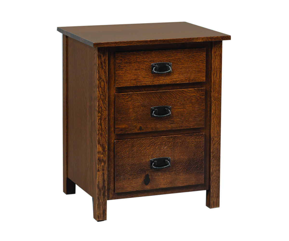Elkins 3 Drawer Nightstand Shown in Rustic Quartersawn White Oak with Briar Finish
