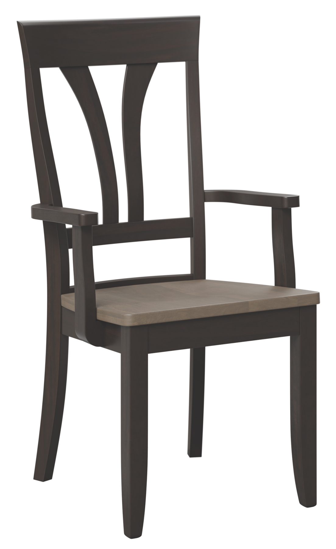 Glenwood Arm Chair in Brown Maple. Frame in Onyx and Seat in Driftwood Finish.