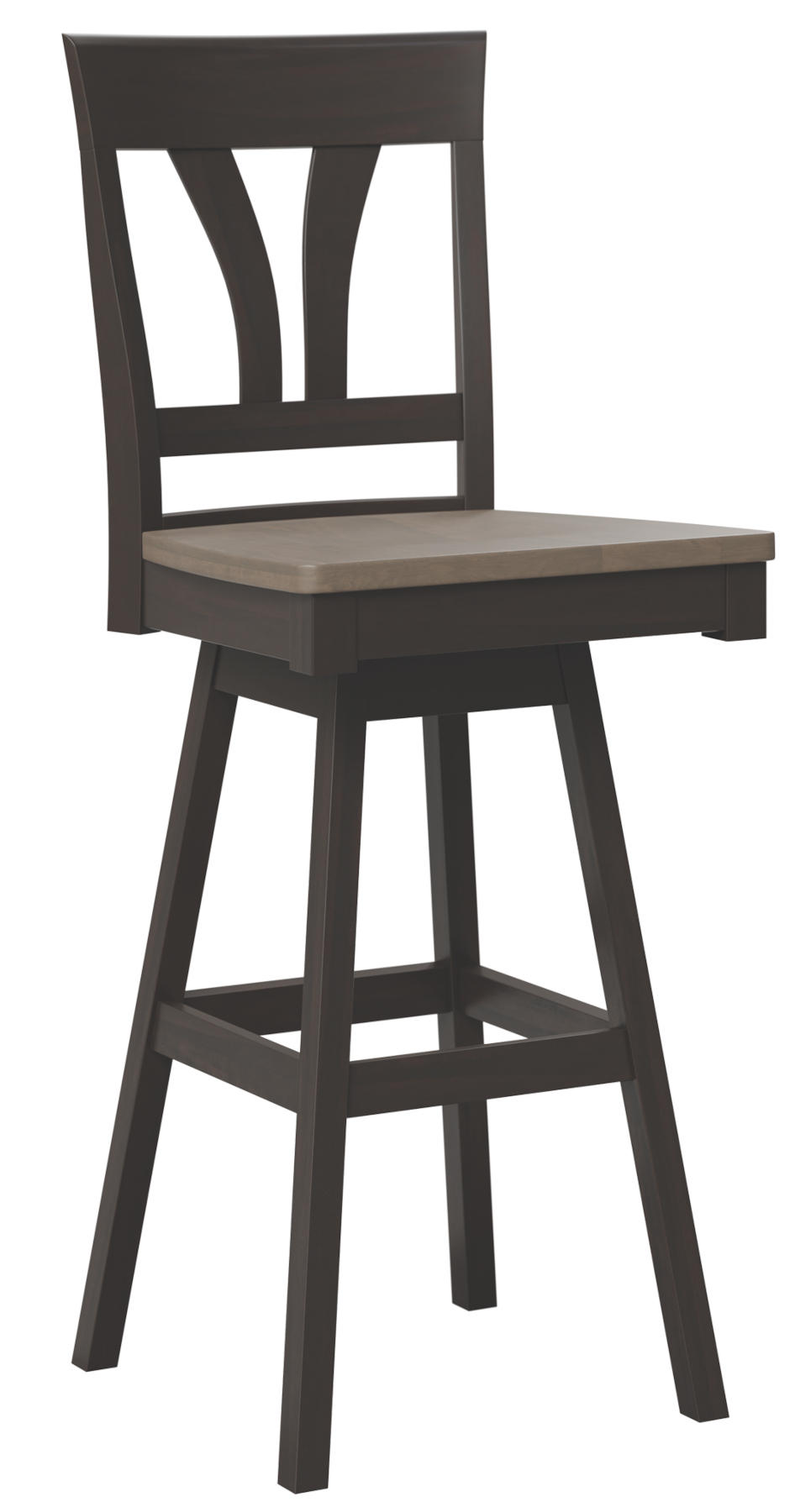 Glenwood Swivel Barstool in Brown Maple. Frame in Onyx and Seat in Driftwood Finish.