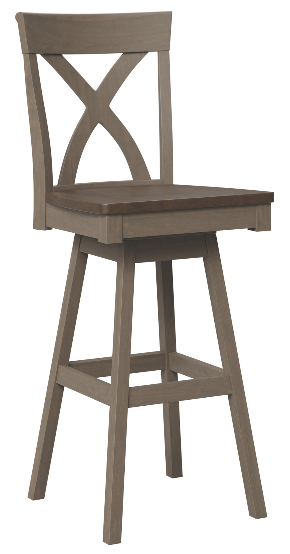 Brook Side Swivel Bar Chair in Brown Maple. Frame in Driftwood Finish and Seat in Cocoa Finish