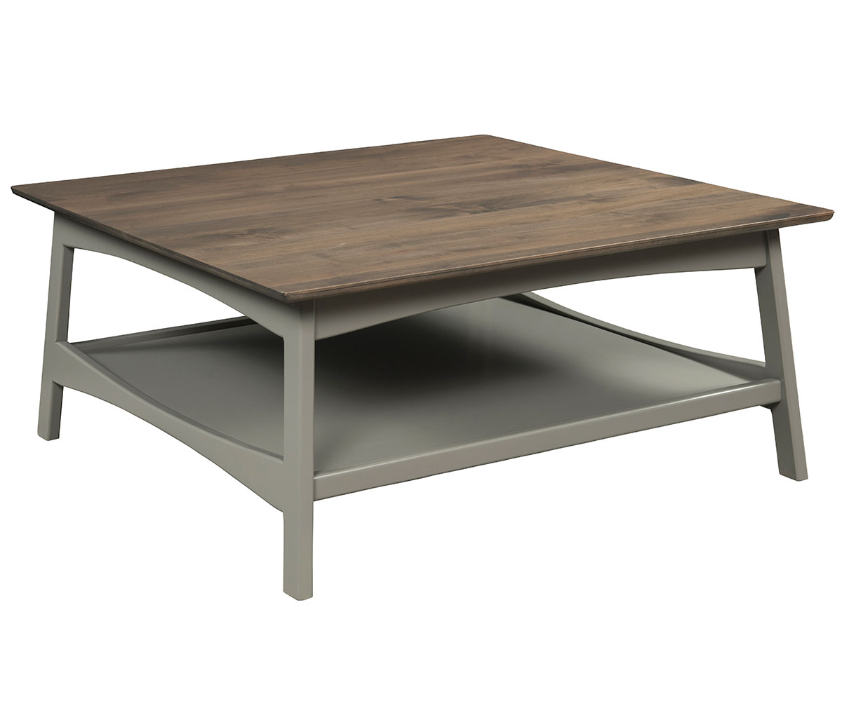 Laurel 36" Cocktail Table in Brown Maple with Smoke Top and Sable Gray Base.