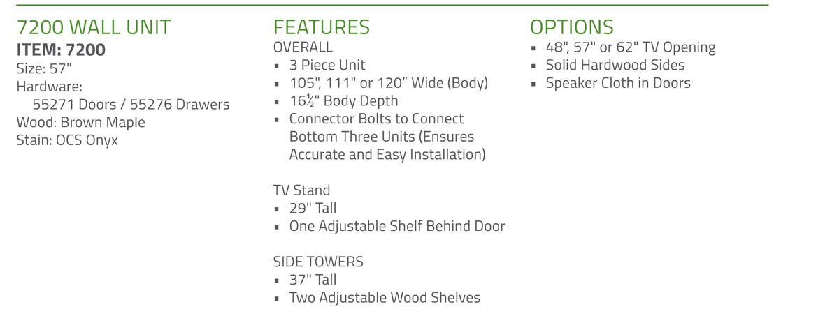 7200 Wall Unit Standard features